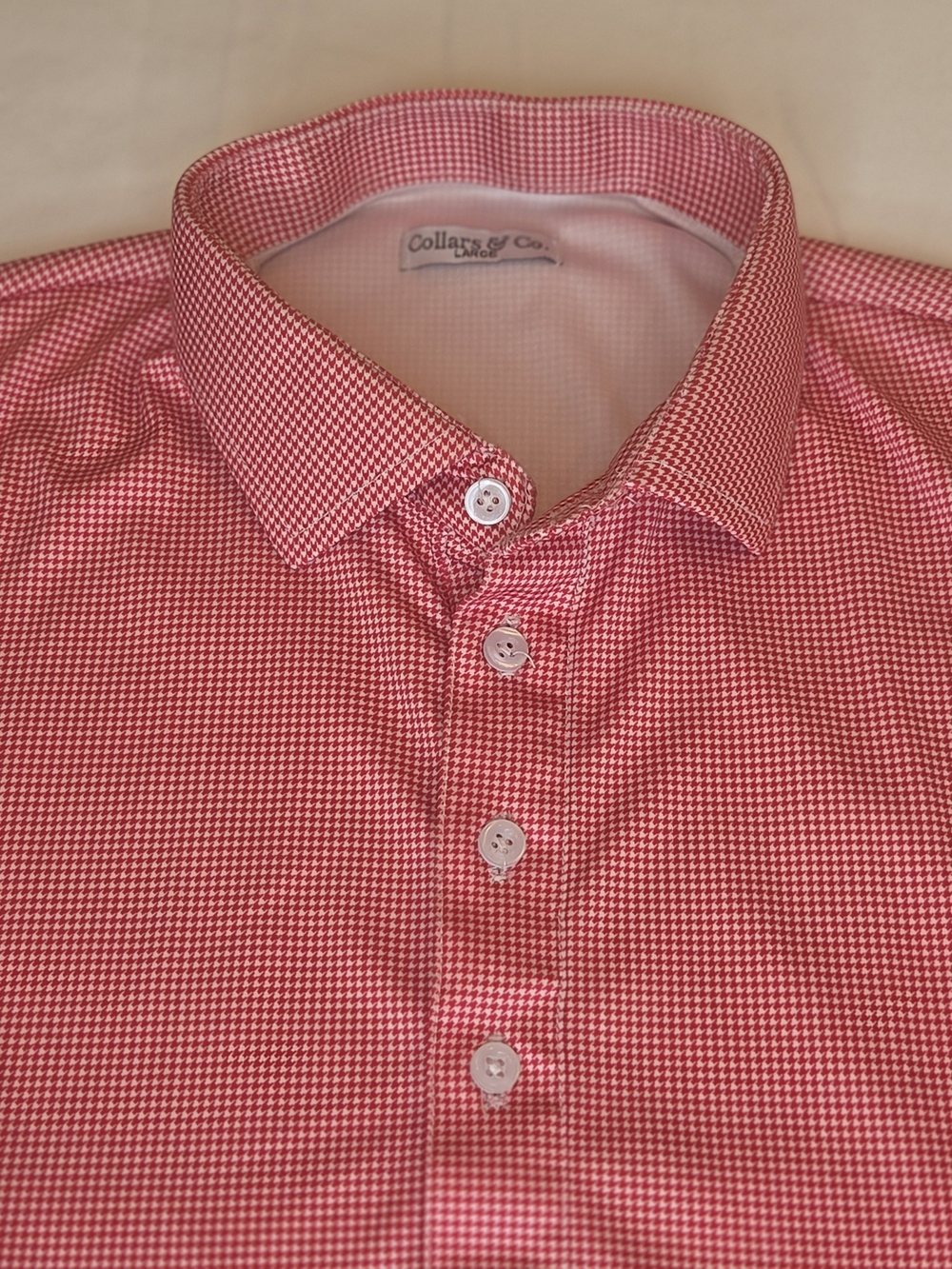 Collars & Co. Men's Dark Red Polo Dress Shirt W/ Red Herringebone Pattern (L)